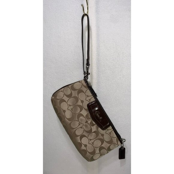 Coach Ashley Signature Sateen Large Wristlet/Mini Bag Beige Brown Silver Two Way - Picture 3 of 12